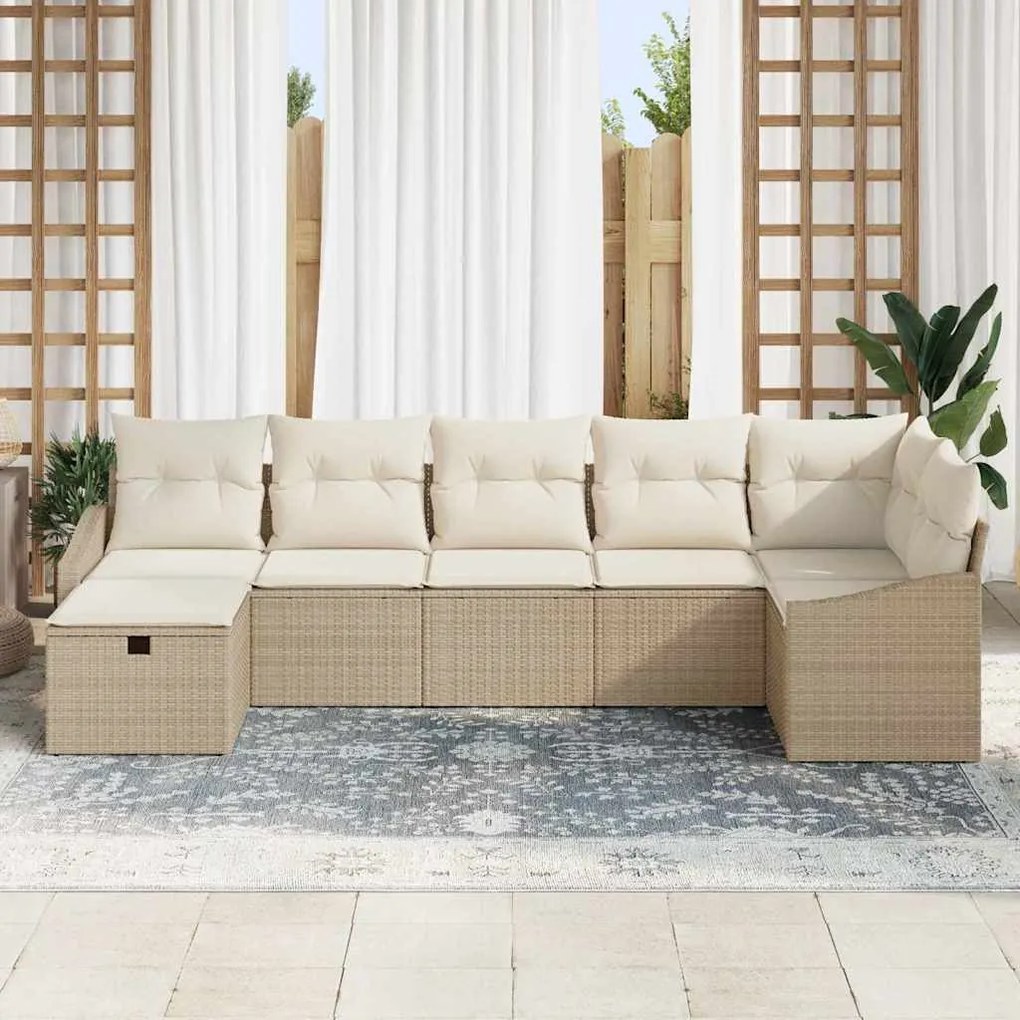 vidaXL Σετ Καναπέ Κήπου με μαξιλάρι 7 pcs Μπεζ Πολυ ράταν