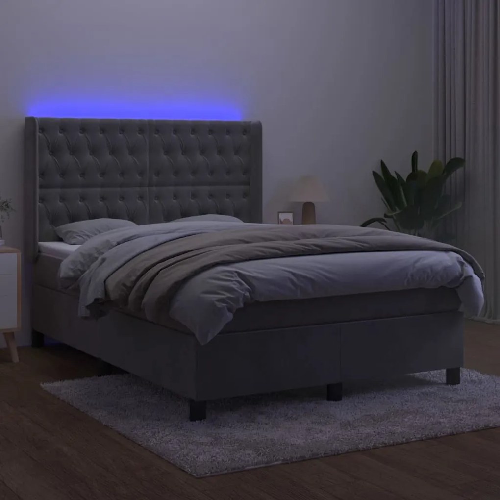 Κρεβάτι Boxspring με Στρώμα &amp; LED Αν.Γκρι 140x200 εκ. Βελούδινο - Γκρι