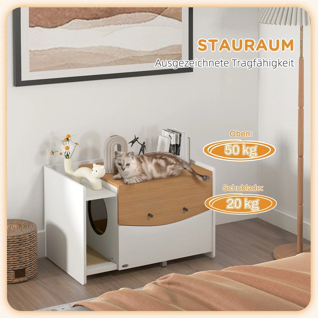 PawHut Έπιπλο Κρυψώνας για Γάτες, Συρταρωτό, Σχεδιασμός Ντουλαπιού, Δίσκος Απορριμμάτων, 78x50x51cm, Δρυς/Λευκό