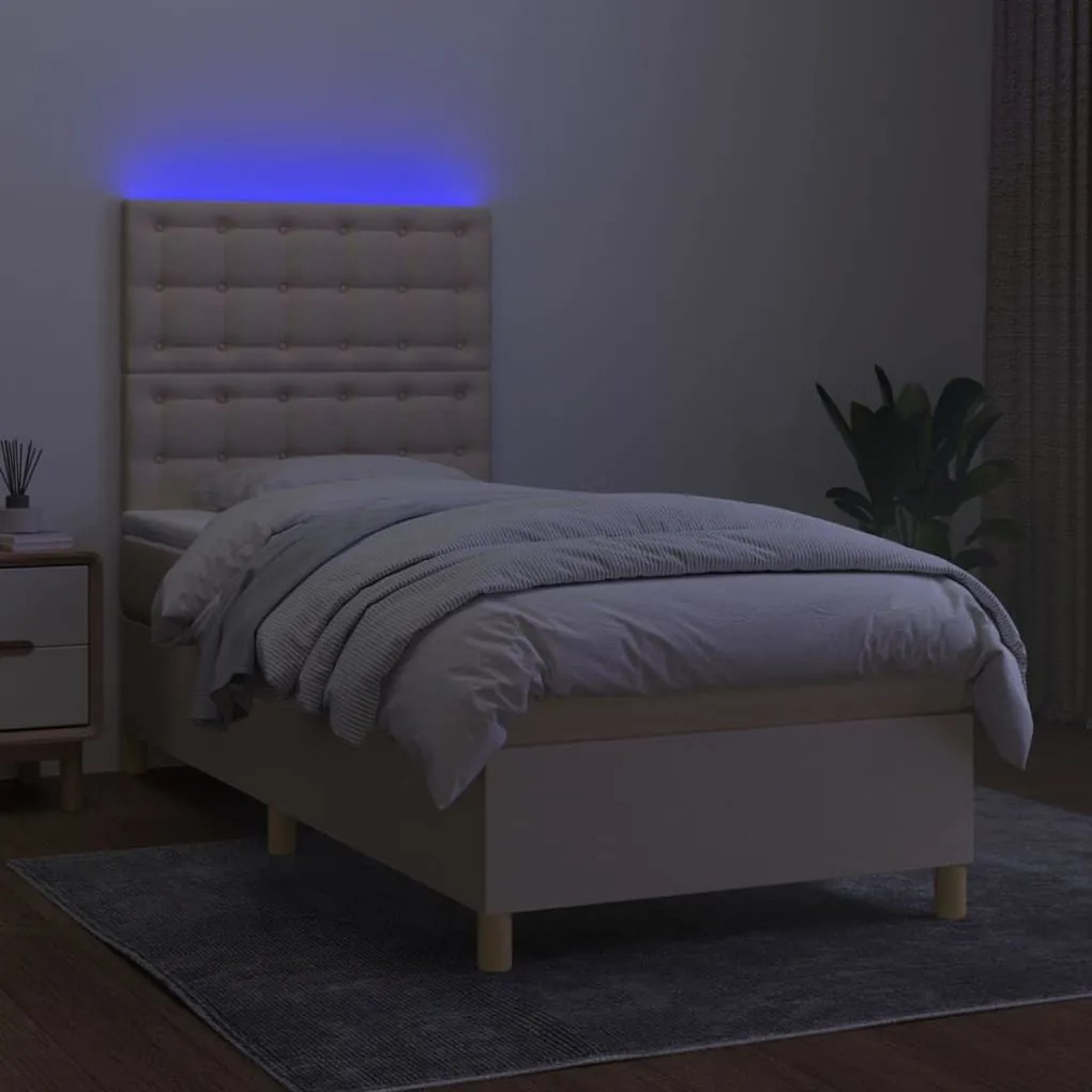 Κρεβάτι Boxspring με Στρώμα &amp; LED Κρεμ 90x200 εκ. Υφασμάτινο - Κρεμ