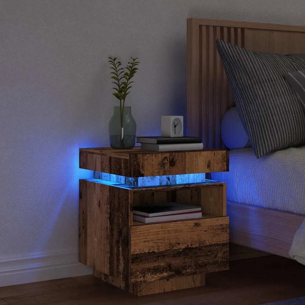 Κομοδίνο με φώτα LED Παλιό ξύλο 40x39x48,5 cm - Καφέ