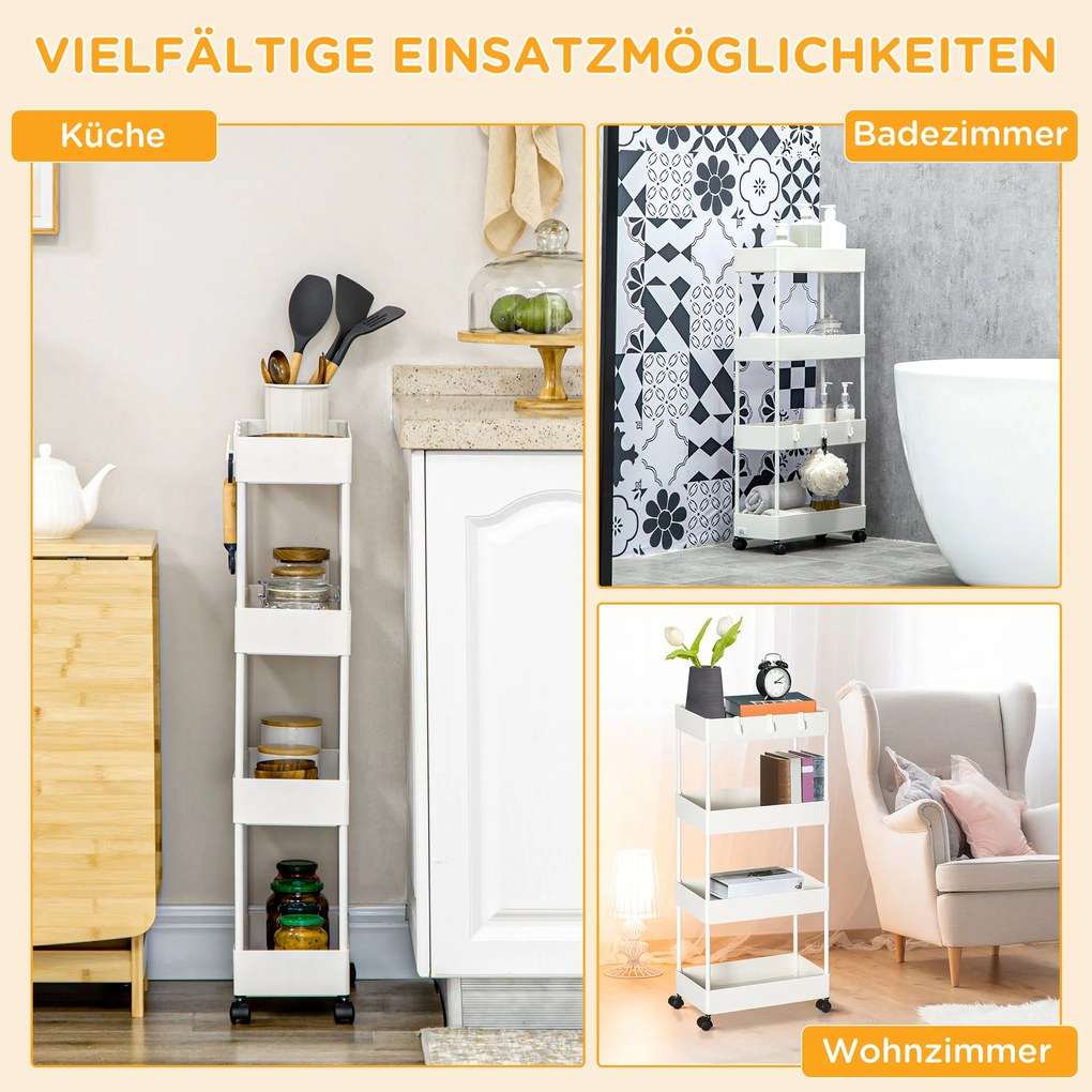 HOMCOM Τροχήλατο καρότσι κουζίνας με 4 ράφια, 4 ευέλικτες κρεμάστρες, 4 τροχούς, 40 cm x 19 cm x 90 cm, λευκό