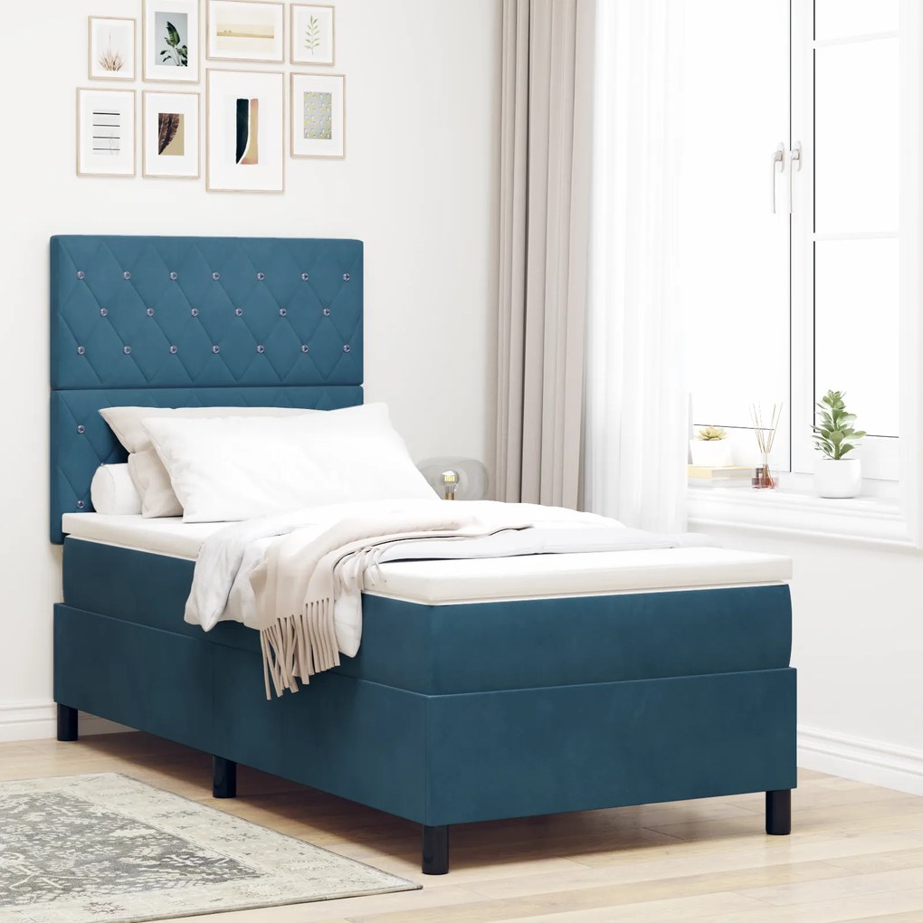 vidaXL Κρεβάτι Box Spring με στρώμα Σκούρο Μπλε 90x200 εκ. Βελούδο