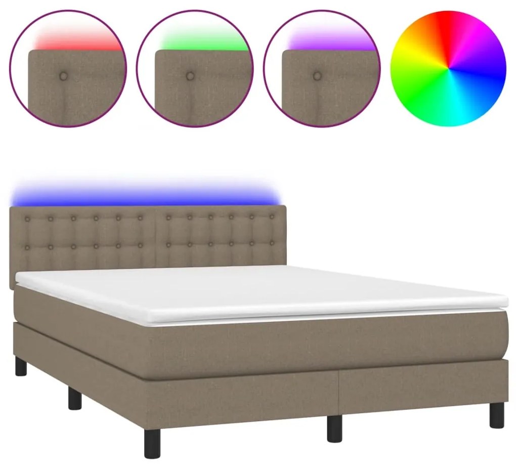 vidaXL Κρεβάτι Boxspring με Στρώμα & LED Taupe 140x190 εκ. Υφασμάτινο