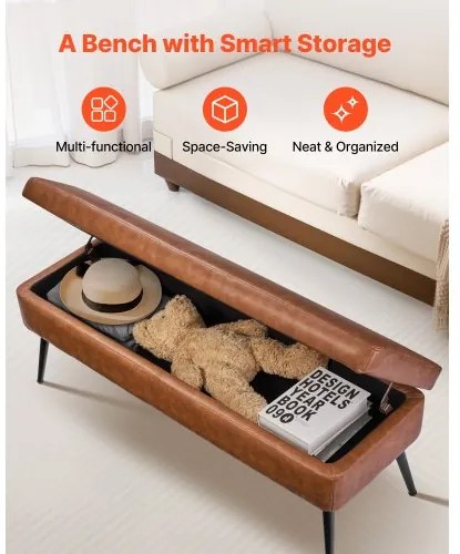 VEVOR PU Leather Storage Ottoman Bench Bench with Storage and Metal Legs Brown