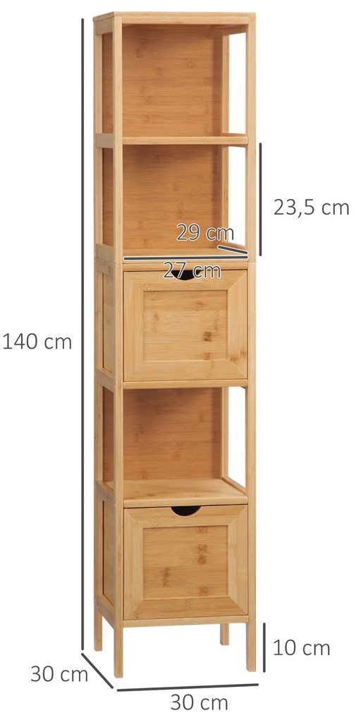 kleankin Ντουλάπι μπάνιου, 3 ράφια, 2 συρτάρια, Μπαμπού, 30 cm x 30 cm x 140 cm, Φυσικό