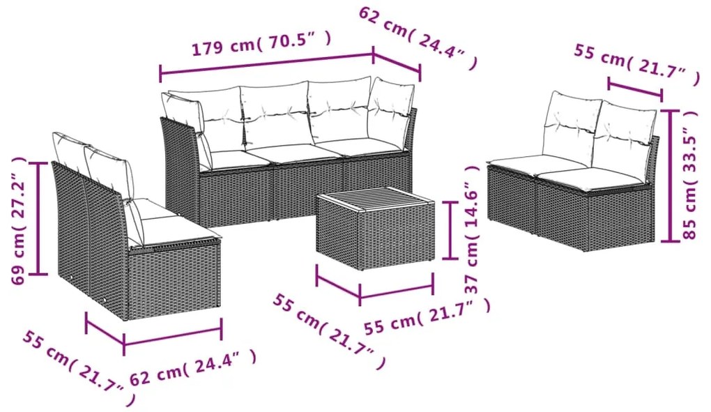 vidaXL Σαλόνι Κήπου 8 Τεμαχίων Μαύρο από Συνθετικό Ρατάν με Μαξιλάρια