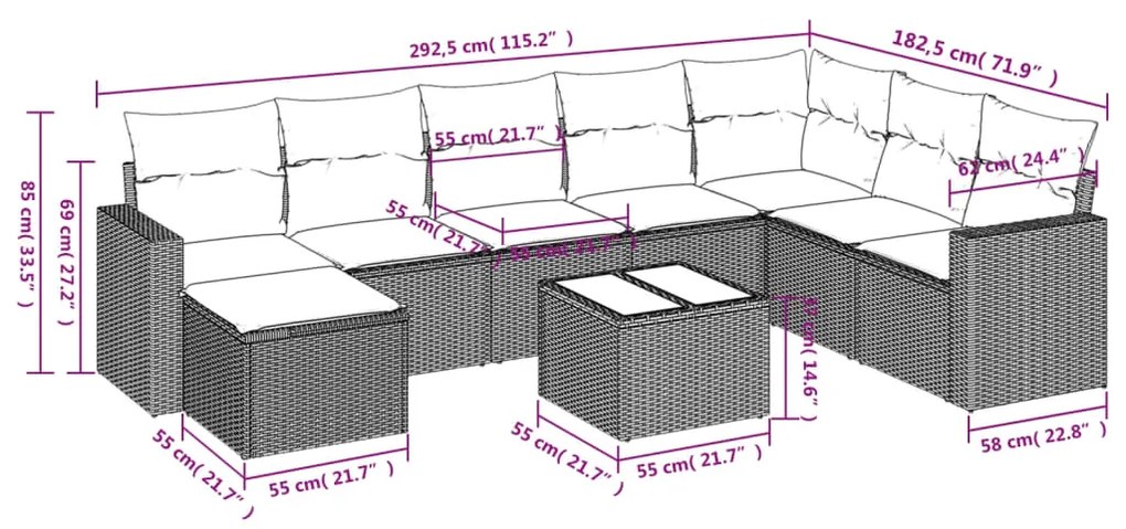 vidaXL Σαλόνι Κήπου Σετ 9 Τεμαχίων Γκρι Συνθετικό Ρατάν με Μαξιλάρια