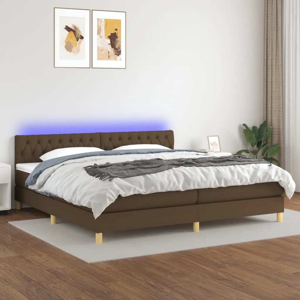 Κρεβάτι Boxspring με Στρώμα &amp; LED Σκ.Καφέ 200x200 εκ Υφασμάτινο - Καφέ