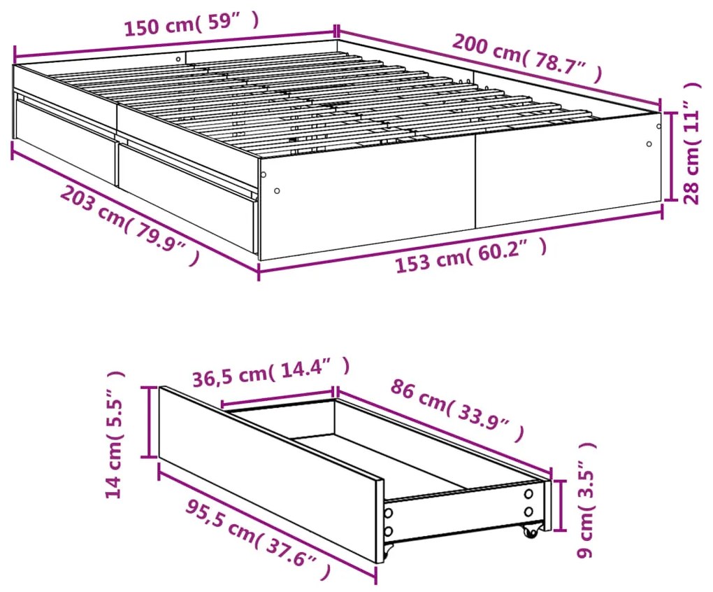 Πλαίσιο Κρεβατιού με Συρτάρια Sonoma Δρυς 150x200εκ. Επεξ. Ξύλο - Καφέ