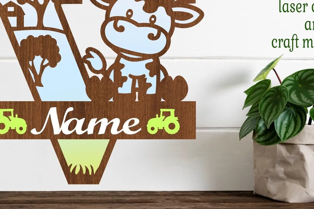 Σετ των 2 Intra απο ξύλο plywood 3mm-4mm πάχος - Μονόγραμμα κεφαλαίου αγελάδας Γράμμα V  Cut Δίασταση 30x20 cm INTRAFABR-74484061