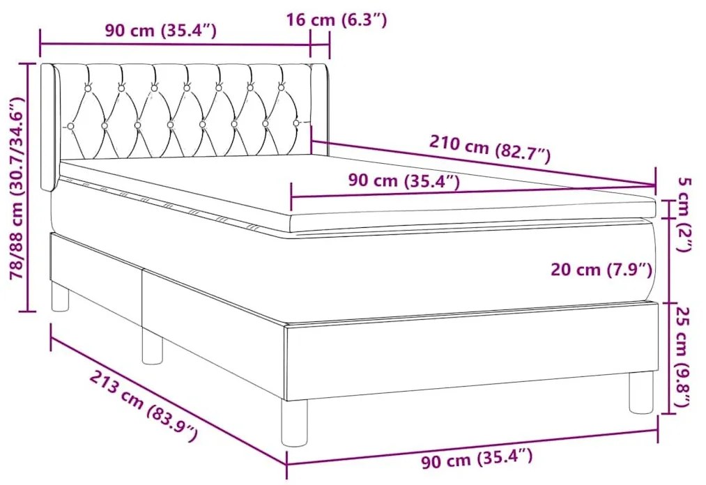 Box Spring κρεβάτι με στρώμα ανοιχτό γκρι 90x210 cm Βελούδινο - Γκρι