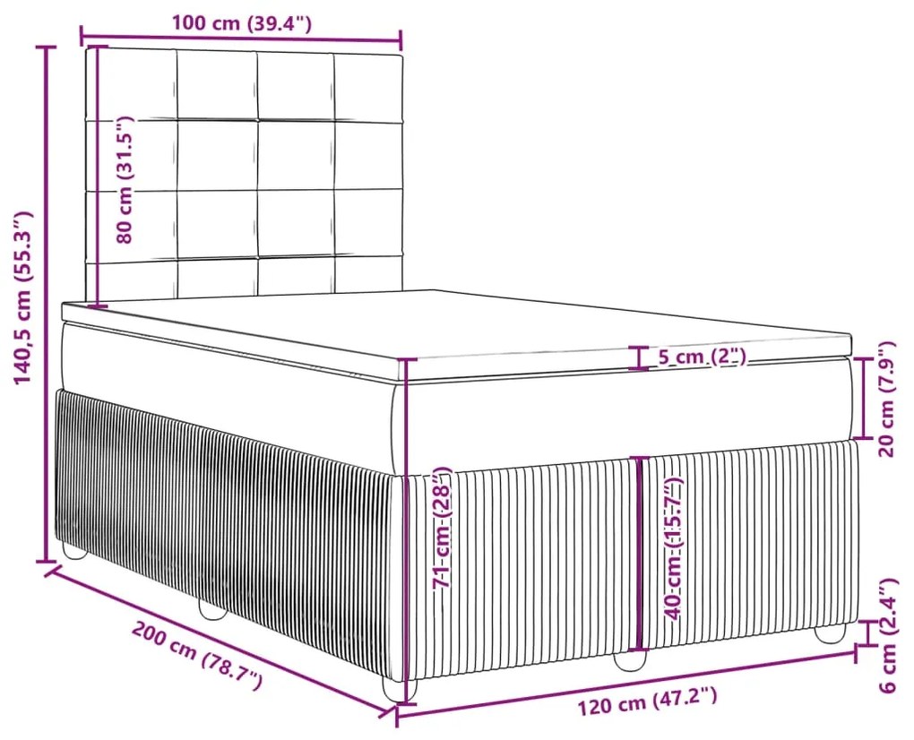 Κρεβάτι Boxspring με Στρώμα Ανοιχτό Γκρι 120x200 εκ. Βελούδινο - Γκρι