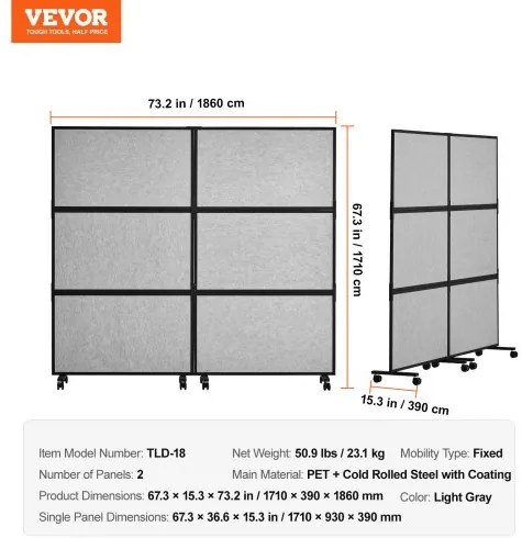 VEVOR Acoustic Room Divider Partition Panel Privacy Screen 2 Pack Light Gray
