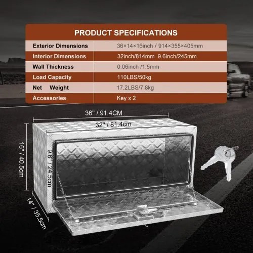 VEVOR Underbody Truck Box, 36&quot;×14&quot;×16&quot; Pickup Storage Box, Heavy Duty Aluminum Diamond Plate Tool Box with Lock and Keys, Waterproof Trailer Storage Box with T-Handle Latch for Truck, Van, Trailer