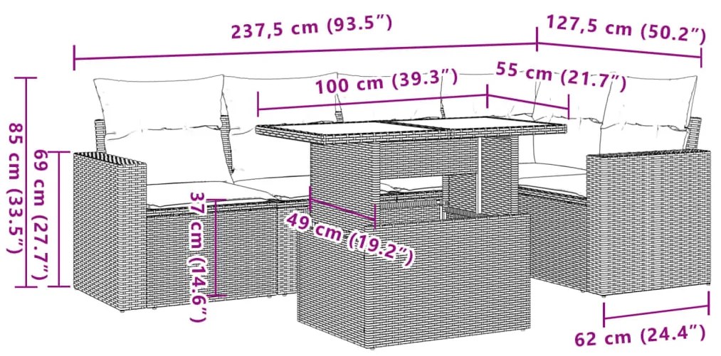 Σαλόνι Κήπου 6 Τεμαχίων από Γκρι Συνθετικό Ρατάν με Μαξιλάρια - Γκρι