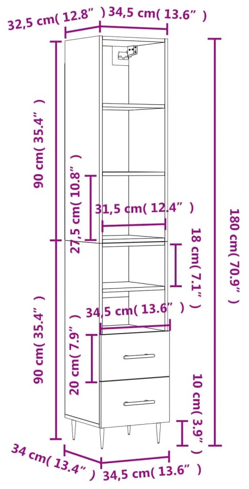 Μπουφές Sonoma δρυς 34,5 x 34 x 180 εκ. από Επεξεργασμένο Ξύλο  - Καφέ