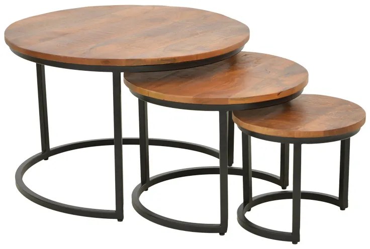 Τραπέζι σαλονιού Frina pakoworld σετ 3τεμ mango ξύλο σε καρυδί απόχρωση με πόδι μαύρο μέταλλο