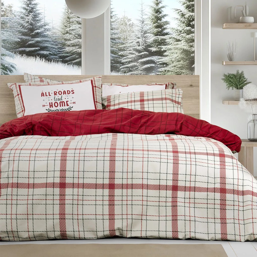 Φανελένια Σεντόνια Υπέρδιπλα (Σετ 240x260) Nima Home Bliss Μπεζ,Κόκκινο Με Λάστιχο 165x200+32