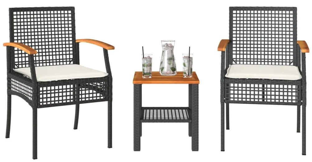 vidaXL Σετ Επίπλων Bistro 3 τεμ. Μαύρο Συνθ. Ρατάν/Ακακία + Μαξιλάρια