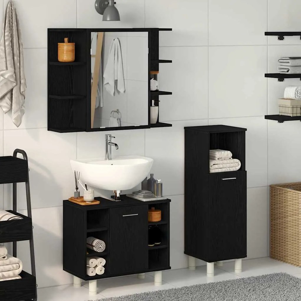vidaXL Σετ Επίπλων Μπάνιου με ράφι 3 pcs Μαύρο 30 x 30 x 99.5 εκ