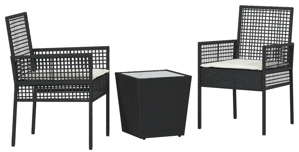 vidaXL Σετ Bistro Κήπου 3 Τεμαχίων με Μαξιλάρια Μαύρο Πολυ Ράτανα