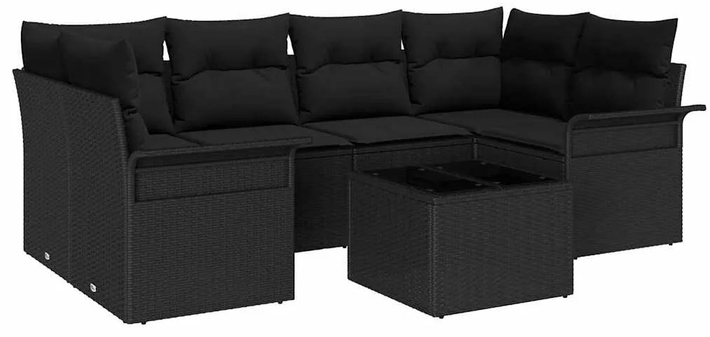 vidaXL Σετ Καναπέ Κήπου 7 pcs Μαύρο Πολυεστέρας, Ρατάν και Γυαλί