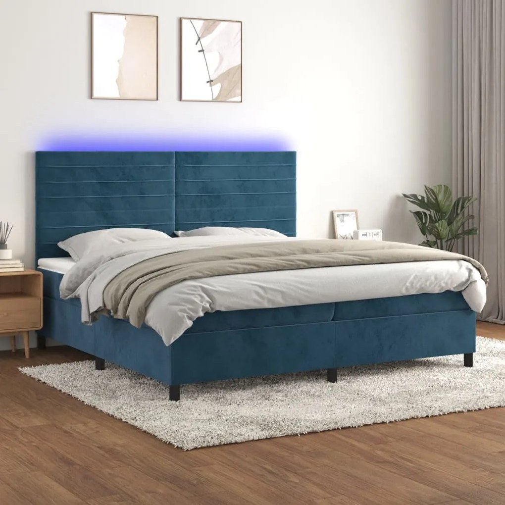 Κρεβάτι Boxspring με Στρώμα &amp; LED Σκ. Μπλε 200x200εκ. Βελούδινο