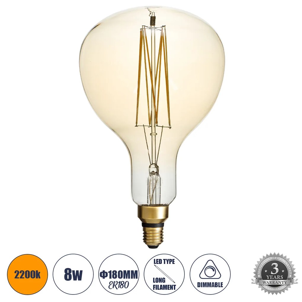 GloboStar® 99169 Λάμπα LED Long Filament E27 ER180 PAPAYAS Γλόμπος 8W 720lm 360° AC 220-240V IP20 Φ18 x Υ30cm Ultra Θερμό Λευκό 2200K με Μελί Γυαλί - Dimmable - 3 Years Warranty