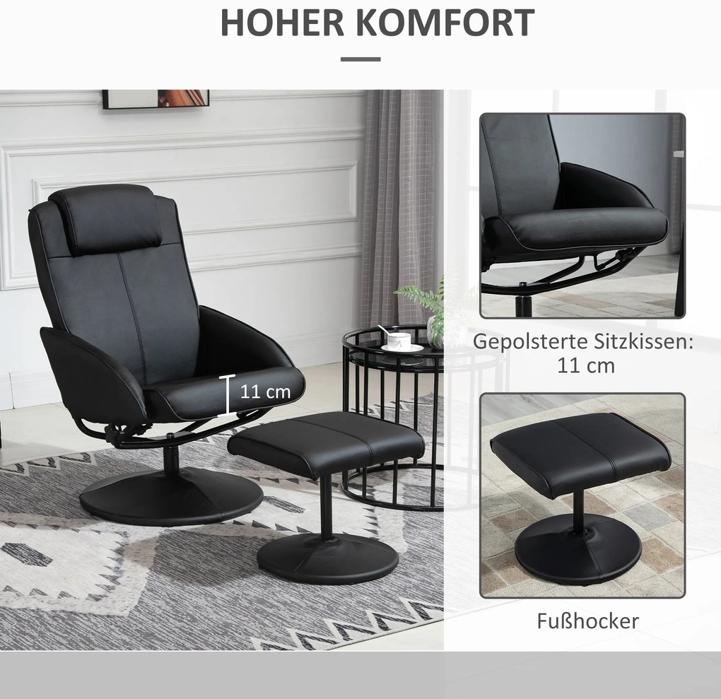 Πολυθρόνα Relax HOMCOM με υποπόδιο, επένδυση από δερματίνη, ανακλινόμενη, εργονομικός σχεδιασμός, Μαύρο