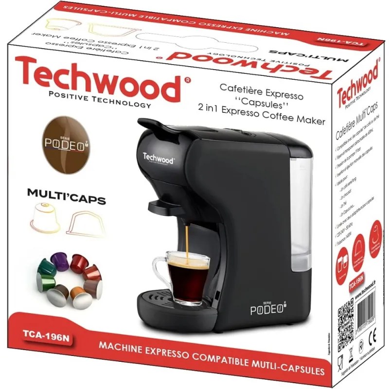 Καφετιέρα για κάψουλες Techwood TCA-196N, Dolce Gusto и Nespresso,Dolce Gusto & Nespresso, Πίεσης 19bar, 1450W, Μαύρο χρώμα