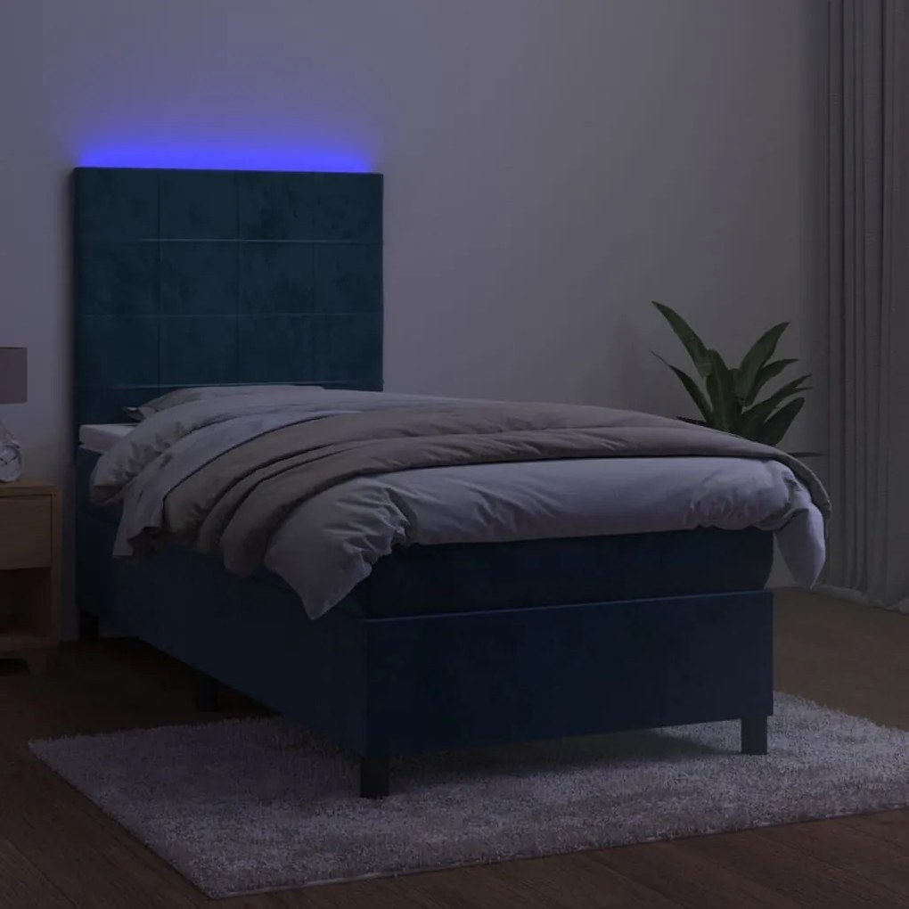 Κρεβάτι Boxspring με Στρώμα &amp; LED Σκ. Μπλε 80x200 εκ. Βελούδινο - Μπλε