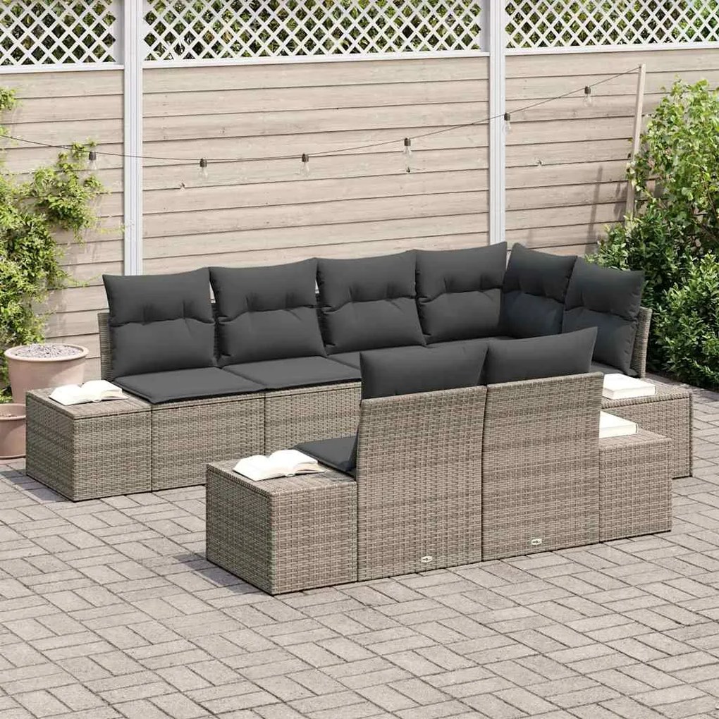 vidaXL Σετ Καναπέ Κήπου με μαξιλάρι 7 pcs Γκρι Πολυ ράταν