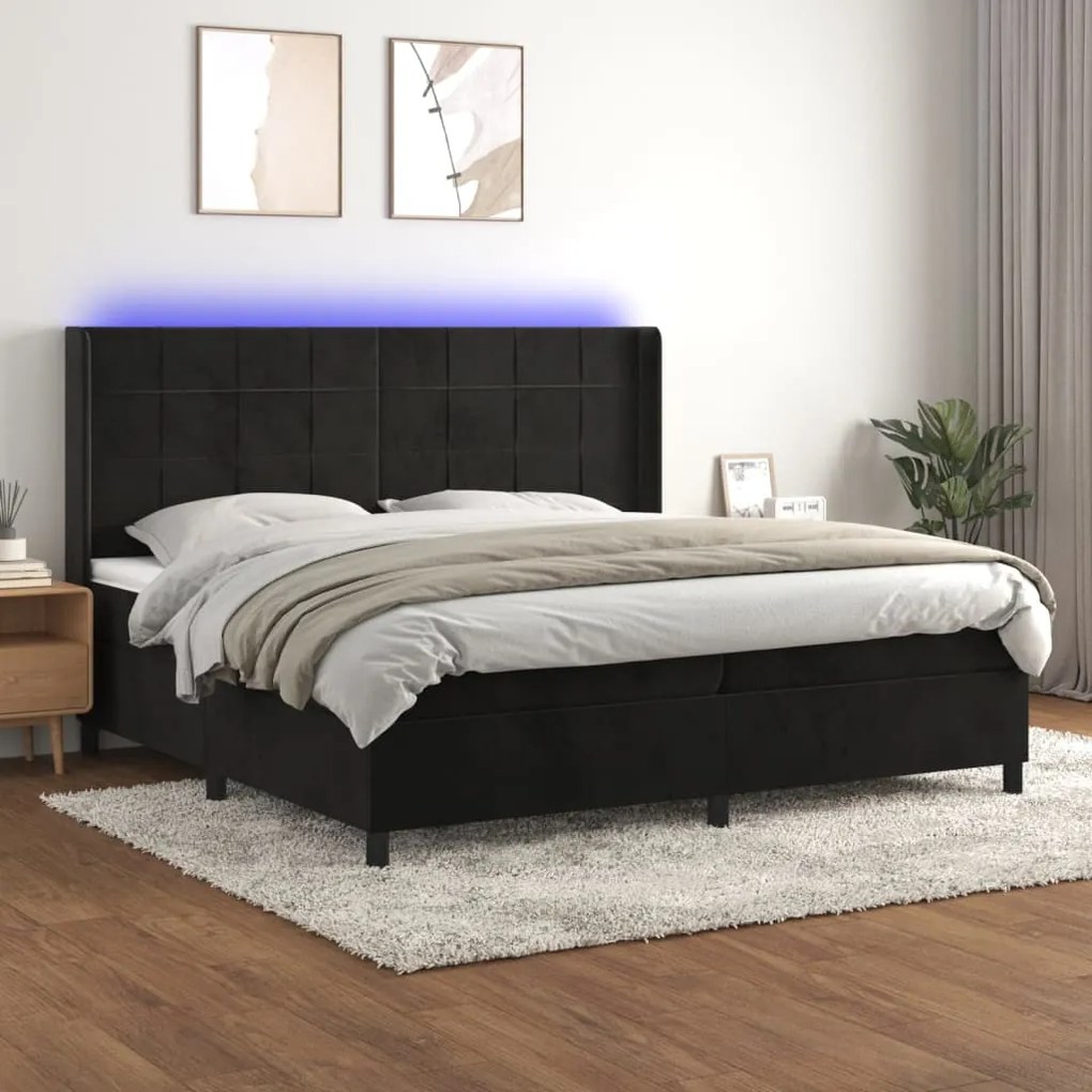 Κρεβάτι Boxspring με Στρώμα &amp; LED Μαύρο 200x200 εκ. Βελούδινο