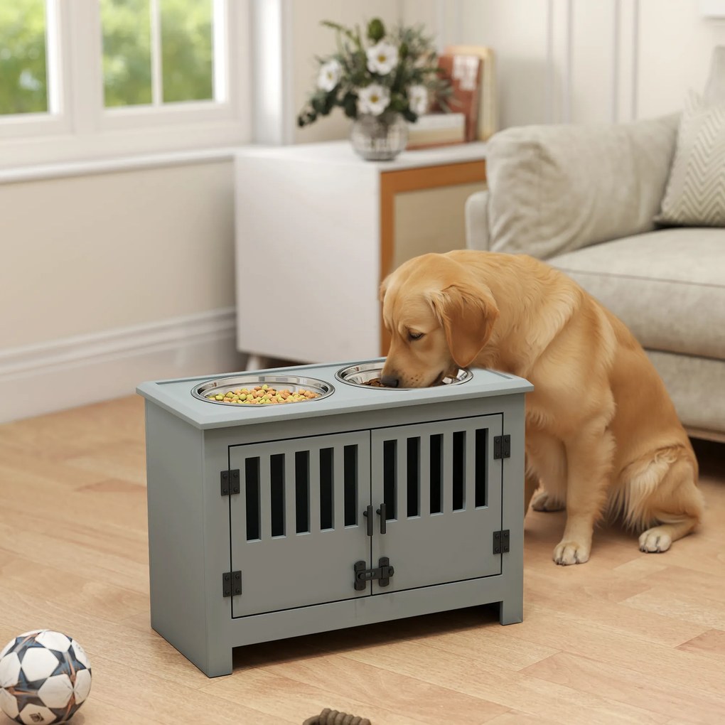 PawHut Ανυψωμένος Σταθμός Τροφοδοσίας για Μεγάλους Σκύλους, 2 Μπολ από Ανοξείδωτο Ατσάλι, Αποθηκευτικός Χώρος, 35,5x60x30 cm, Γκρι