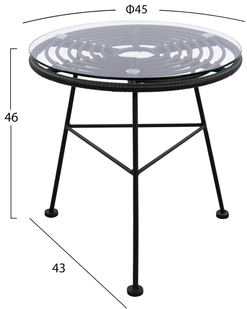 Τραπέζι ALLEGRA Χαμηλό Μεταλλικό με Wicker Μαύρο και Γυαλί Φ45x46 εκ. 45x45x46 εκ.