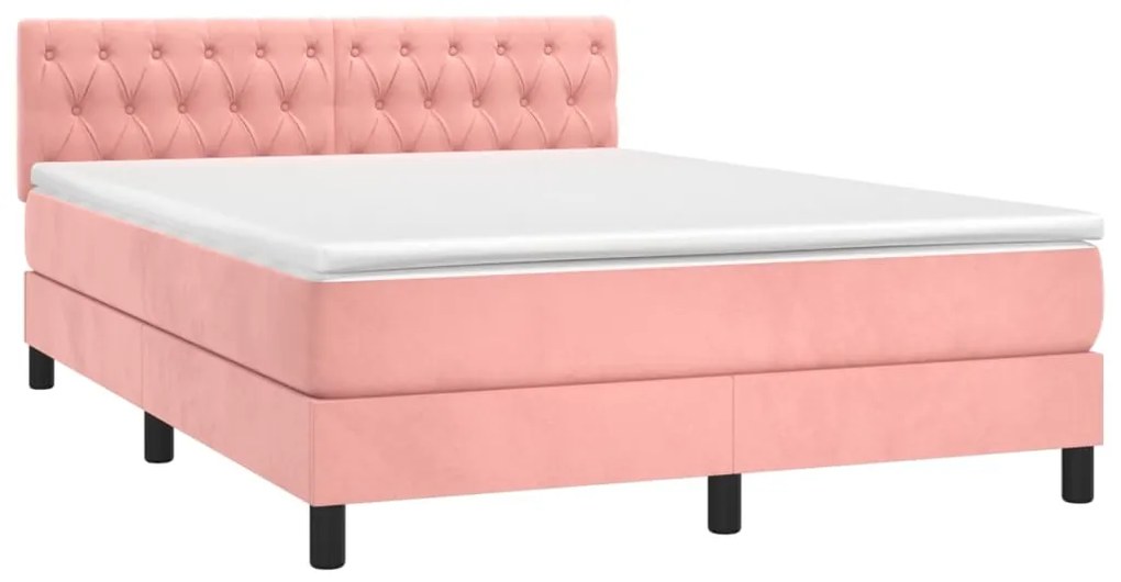 vidaXL Κρεβάτι Boxspring με Στρώμα & LED Ροζ 140x190 εκ. Βελούδινο