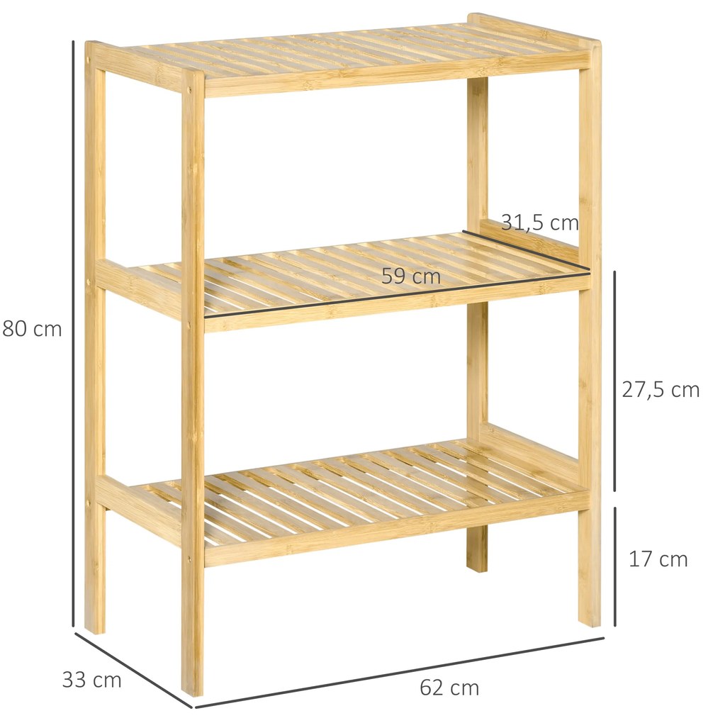HOMCOM Ράφι από μπαμπού με 3 ράφια, μπαμπού, 62 cm x 33 cm x 80 cm, φυσικό χρώμα