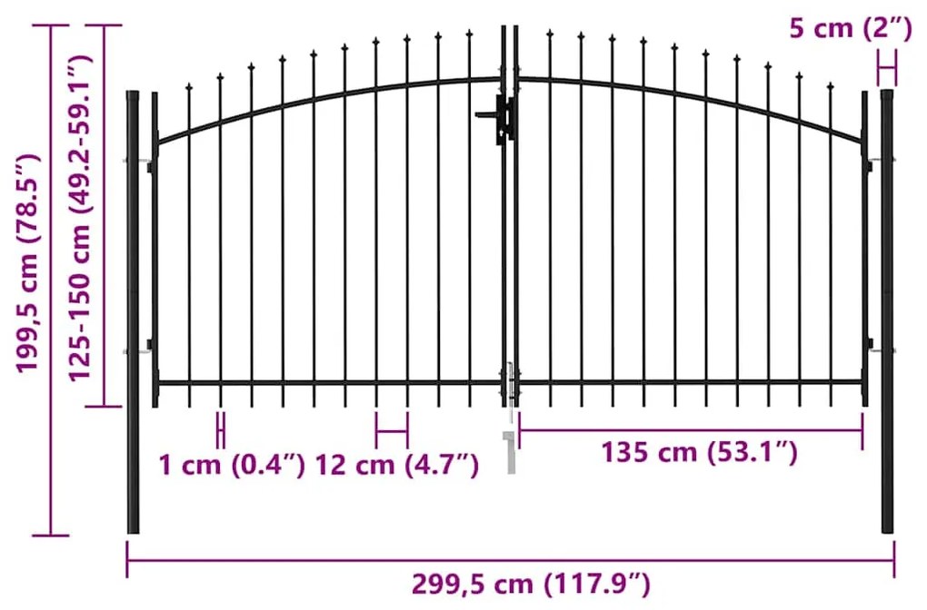 vidaXL Καγκελόπορτα Διπλή με Ακίδες Μαύρη 3 x 1,5 μ. Ατσάλινη