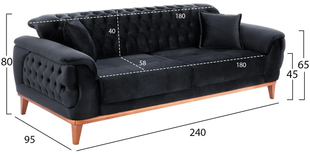 Καναπές - Κρεβάτι Bennington 3θέσιος Μαύρο 240x95x80 εκ. 240x95x80 εκ.