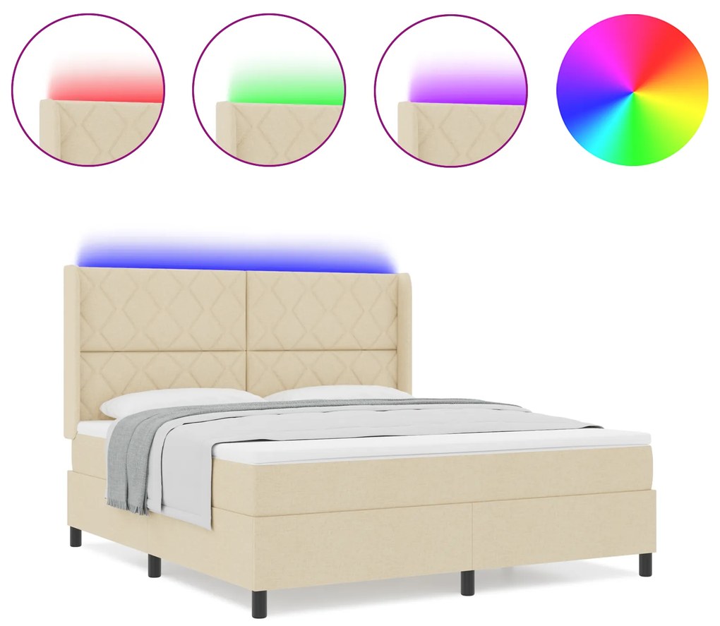 vidaXL Κρεβάτι Box Spring με Στρώμα & LED Κρεμ 180x200 εκ. Υφάσματος
