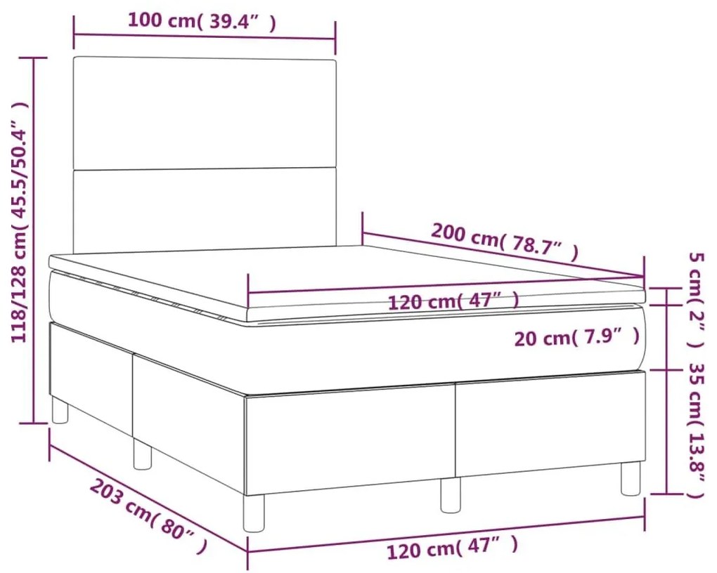 Κρεβάτι Boxspring με Στρώμα &amp; LED Γκρι 120x200 εκ. Συνθ. Δέρμα - Γκρι