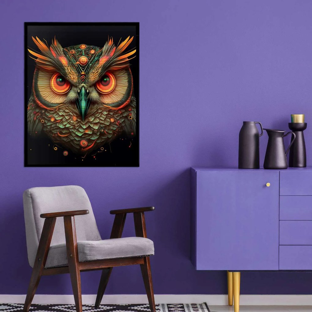 Πίνακας σε Ξύλο με Θέμα &#8220;Owl&#8221; σε μαύρη ξύλινη Κορνίζα - 80cmx50cm