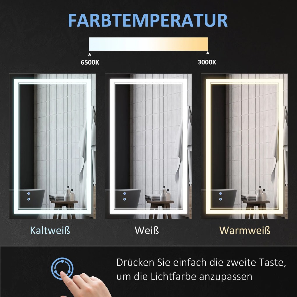 kleankin Καθρέφτης Μπάνιου με Φωτισμό LED, Λειτουργία Μνήμης, Διακόπτης Αφής, Ανθεκτικός σε Πιτσιλιές, Ασημί