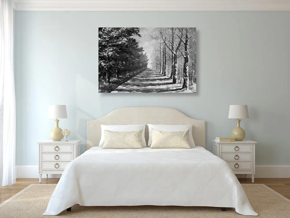 Εικόνα της φθινοπωρινής αλέας με δέντρα σε μαύρο & άσπρο - 120x80
