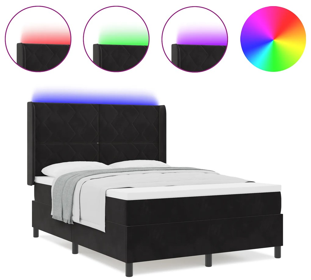 vidaXL Κρεβάτι Box Spring με Στρώμα & LED Μαύρο 160x200 εκ Βελούδο