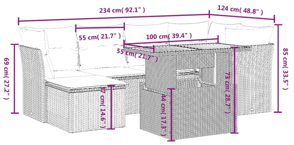 vidaXL Σετ Σαλονιού Κήπου 7 τεμ. Γκρι Συνθετικό Ρατάν με Μαξιλάρια