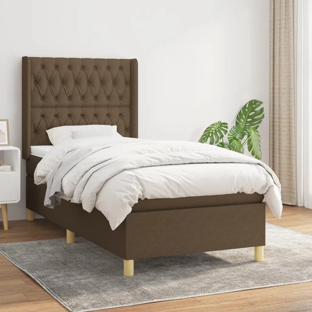 Κρεβάτι Boxspring με Στρώμα Σκούρο Καφέ 90x200 εκ. Υφασμάτινο