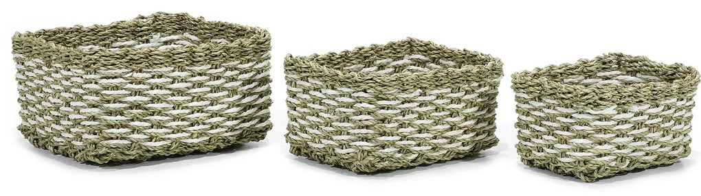 Σετ 3 Καλάθια Πράσινο/Λευκό Seagrass/Κορδόνι Χάρτου 25x17x12cm-06512617