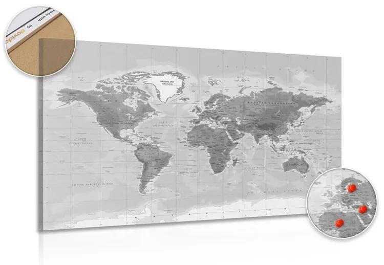Εικόνα στο φελλό ενός όμορφου ασπρόμαυρου παγκόσμιου χάρτη - 90x60  arrow